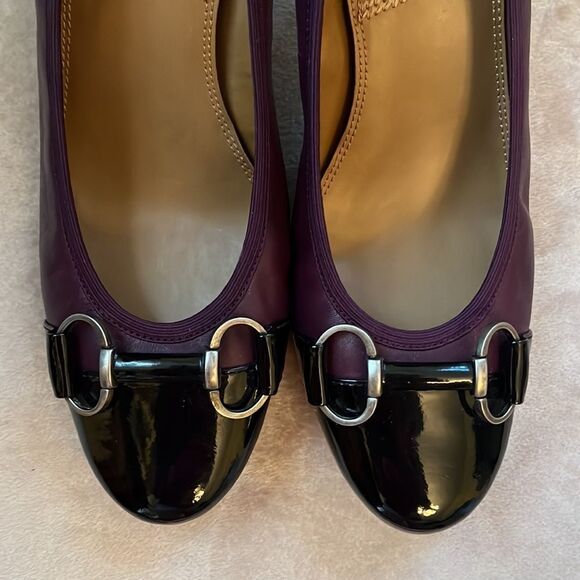 #OfficeSiren 💃 Classic Purple SOFT Leather Blk Patent Toe *Kitten Heel* Pump 8.5 - Picture 7 of 11